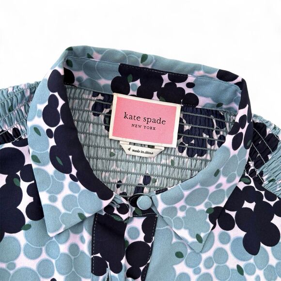 Kate Spade Bubble Dot Smocked Shirt Dress | Blue Floral | Long Sleeve | Size 4 - Picture 6 of 8